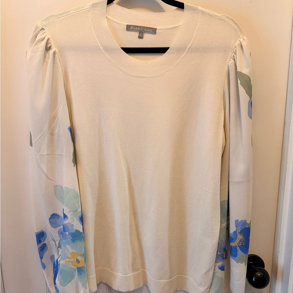 Daniel Rainn Cream Sweater with Blue Floral Sheer Sleeves